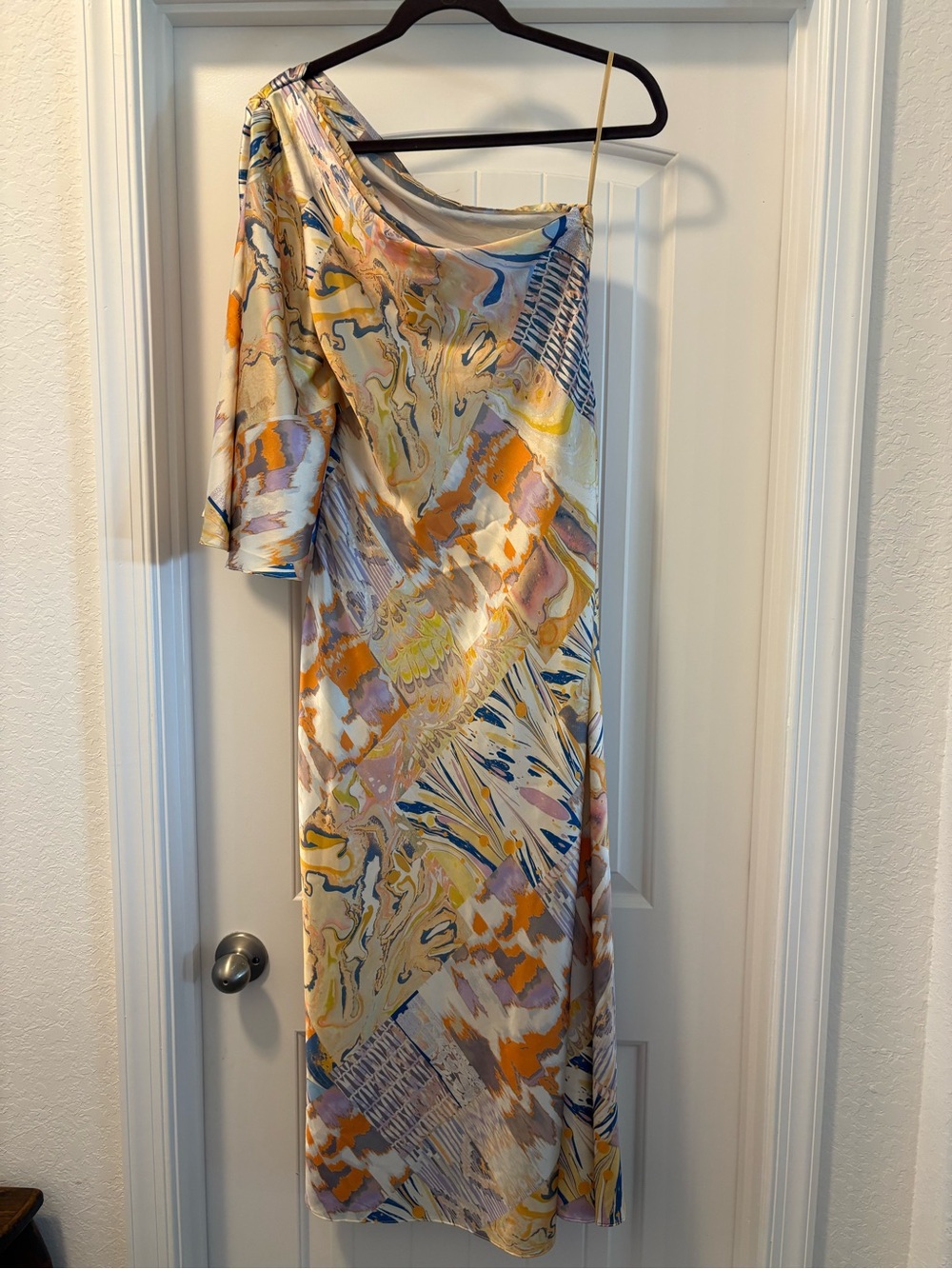 Mandira Wirk Anthropologie One-Shoulder Marble Print Maxi Dress in Pastels Small - Picture 3 of 5